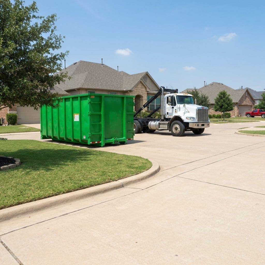 Roll-off dumpster being delivered to a residential home